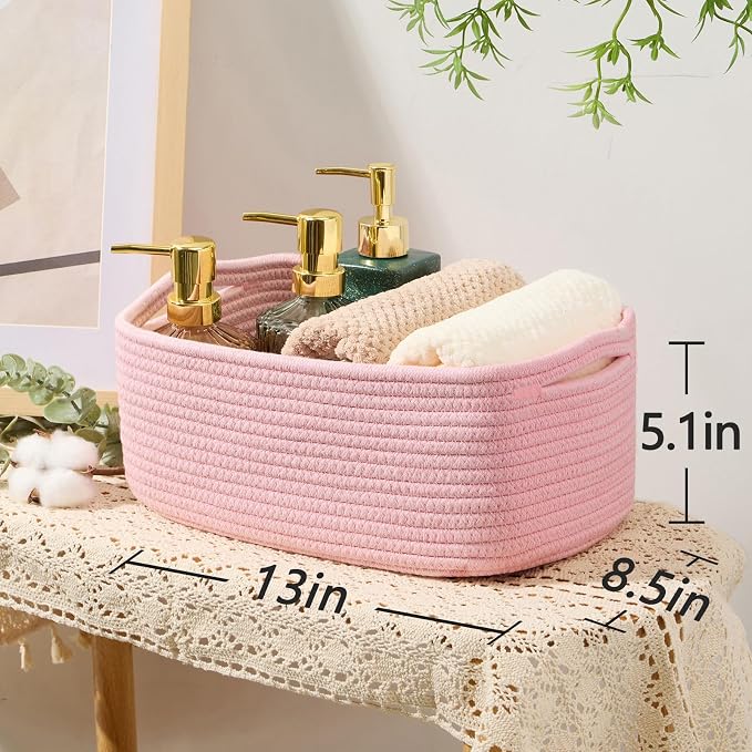 MiniArk Small Storage Baskets for Organizing | Closet Organizer Bins | Shelf Toy Basket | Woven Rope Baskets | Cube Decorative Box | Shallow Basket | 13x8.5x5.1” | 3 Packs Light Pink