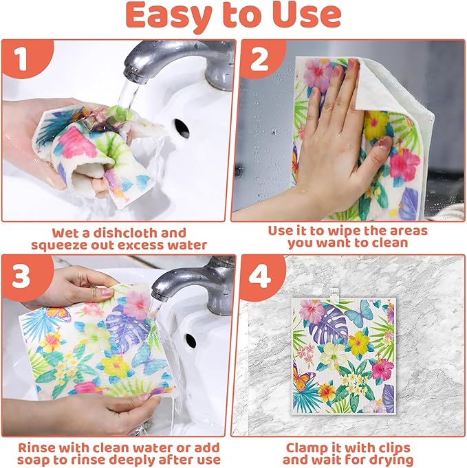 Needbrock 6 Pack Spring Floral Swedish Dishcloths for Kitchen, Swedish Rag Absorbent Dish Towel with Adhesive Clips, Reusable Paper Towels No Odor for Countertop Dishes Cleaning Kitchen