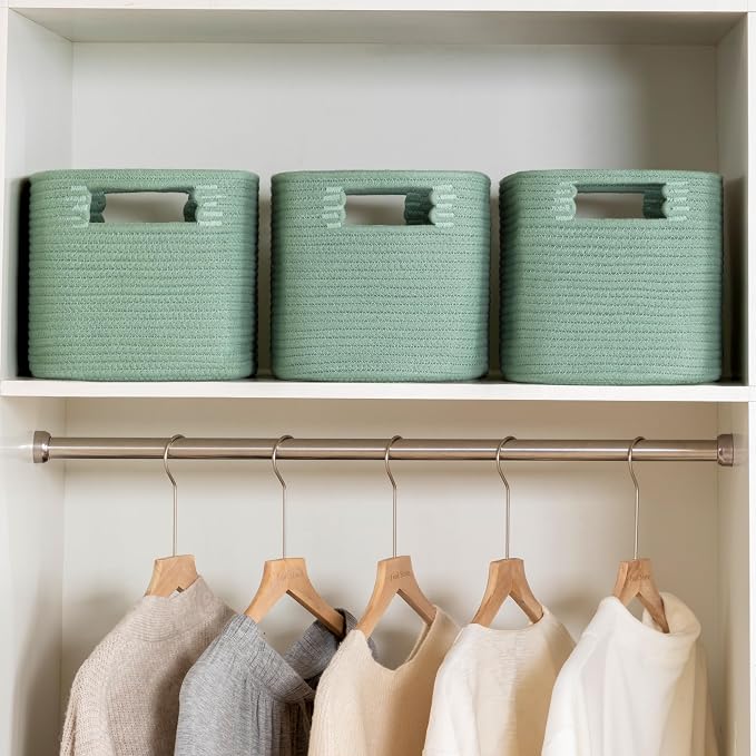 4 Pack Storage Baskets for Organizing, Shelf Baskets with Handles, Green | 14.5"L x 9.8"W x 9"H, Woven Basket, Cotton Rope Basket, Toy Storage, Cube Shelf, Gift Baskets Empty, Home Decor