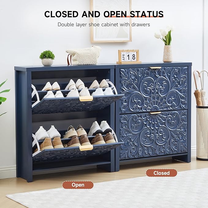 weselon Flip Drawer Shoe Cabinet Set of 2, Narrow Shoe Storage Cabinet, 2-Tier Hidden Shoe Organizer with Carved Floral for Entryway, Slim Shoes Storage for Hallway Foyer (2, Midnight Blue)
