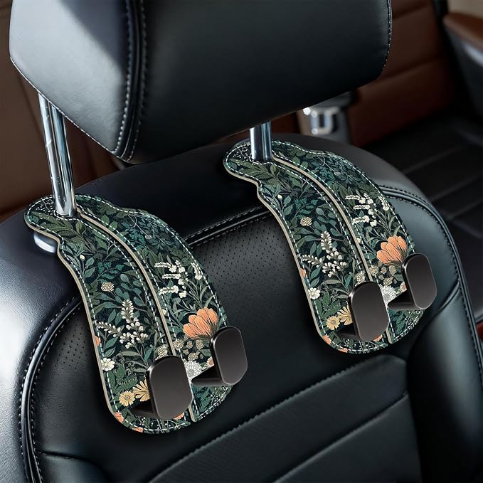 Blusabaca 2PCS Car Hooks for Purses Bags, Weeds Floral Flowers Wildflowers Plants Seat Back Storage Headrest Holder Hanger PU Leather Double Backseat Organizer, Women Car Accessories Organization