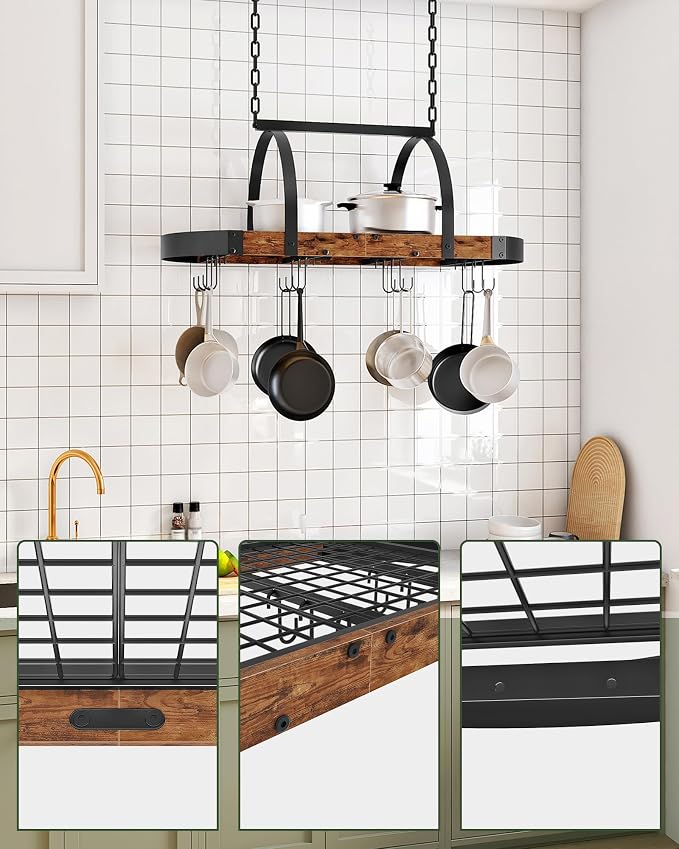 CHOEZON Hanging Pot Rack, Pot Hanger for Kitchen, Ceiling Mounted Pot Holder, Cookware Organizer with 12 S-Shaped Hooks, for Pot, Pan Storage, Space-Saving, Rustic Brown and Black TPR08BFC1