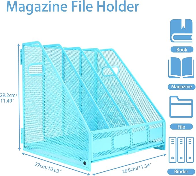 Desk Organizers Metal Magazine File Holder Racks Desktop Folder Storage Binder Organiser Document Organization for Home Office & Classroom,4 Vertical Compartments-Blue