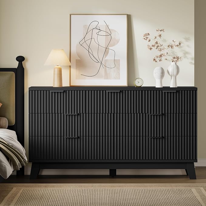 BORNOON 57" Long Dresser for Bedroom, 7-Drawer Fluted Chest, Wide Wood Storage Dresser with Metal Slides and Handles, Stable Base, Modern Clothes Organizer for Primary Suite, Guest Room, Nursery