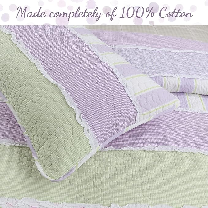 Cozy Line Lavender Green Stripe & Purple Dots Quilt Set – 2-Piece 100% Cotton Reversible All-Season Bedspread with Shams, Girls Kids Bedroom Décor, Twin