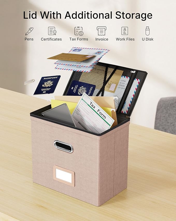 Oterri File Organizer Boxes with Lids, File Box with Mesh Pockets, Document Organizer Box for Letter Size Folders, Zippers Important Document Organizer (Coral, Small-2 Pack Without Folders)