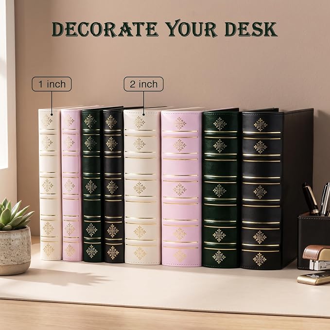 Ospelelf Vintage 3 Ring Binder 2 Inch, Leather D Ring Binder with Pockets and 5 Tab Dividers, Hardback Book Style Document Organizer Fits Letter Size for Home and Office Green