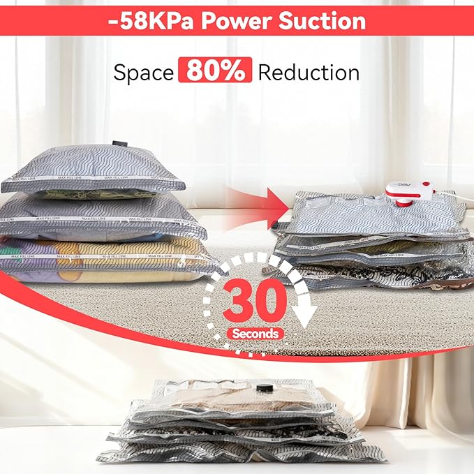 Travel Vacuum Bags with USB & TYPE C Pump,9 Pack Carry-On Size Vacuum Storage Bags for Luggage and Suitcase,Vacuum Luggage Bags,Space Saver for Clothes and Clothing Travel(Red)