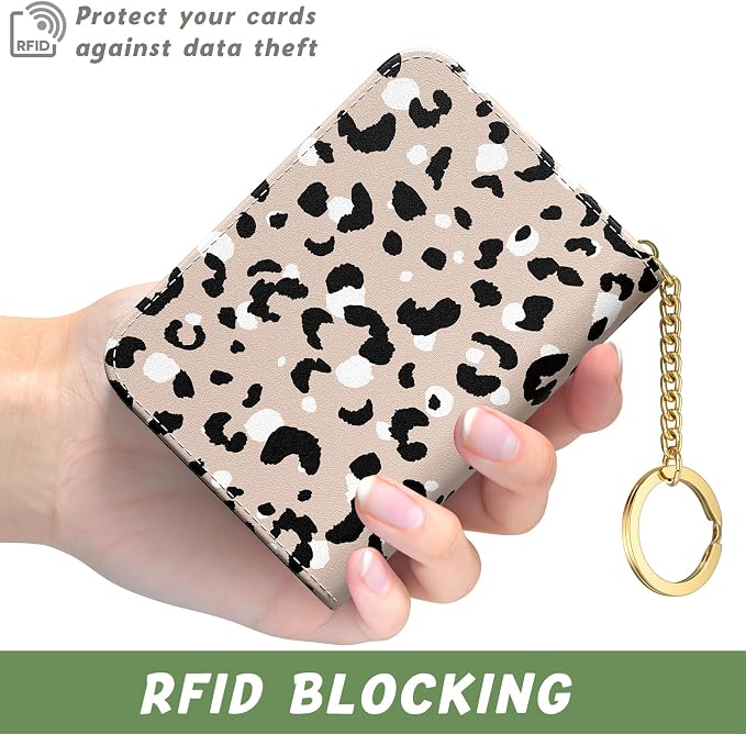 Aiawoxc Credit Card Holder, Small RFID Wallet Slim Leather Card Organizer Case with Zipper and Keychain, Beige Leopard Print