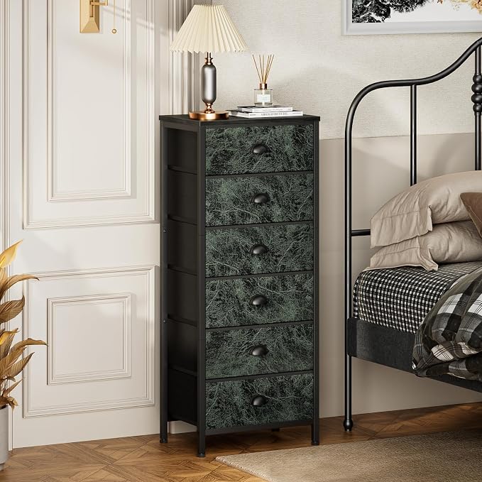 Furnulem Dresser for Bedroom, 6 Drawer Tall Storage Tower Unit and Chest | Vintage Green Fabric Drawer Organizer in Dorm, Vertical Tall Nightstand Furniture in Living Room,Closet, Metal Frame,Wood Top