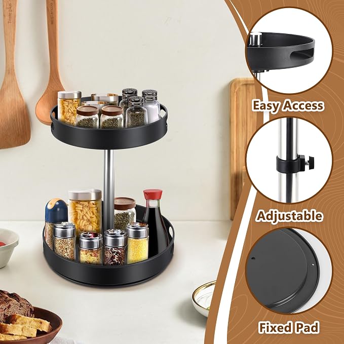 Lazy Susan Turntable Spice Rack, 2 Tier Adjustable Height Rotating Spice Organization, Revolving Seasoning Organizer 12 Inch for Kitchen Countertop Pantry Dining Table Coffee Storage(Black)