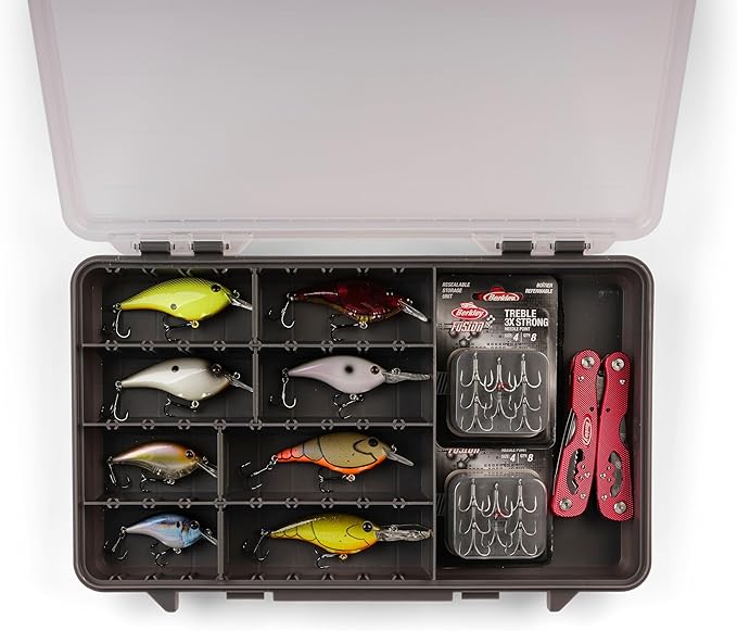 Plano StowAway 3700 50/50 Split Stow Tackle Box, with Corrosion-Preventive Rustricor, Single Latch Design, Transparent DuraView Lid, Stackable Storage for Fishing Bait, Lures and Gear