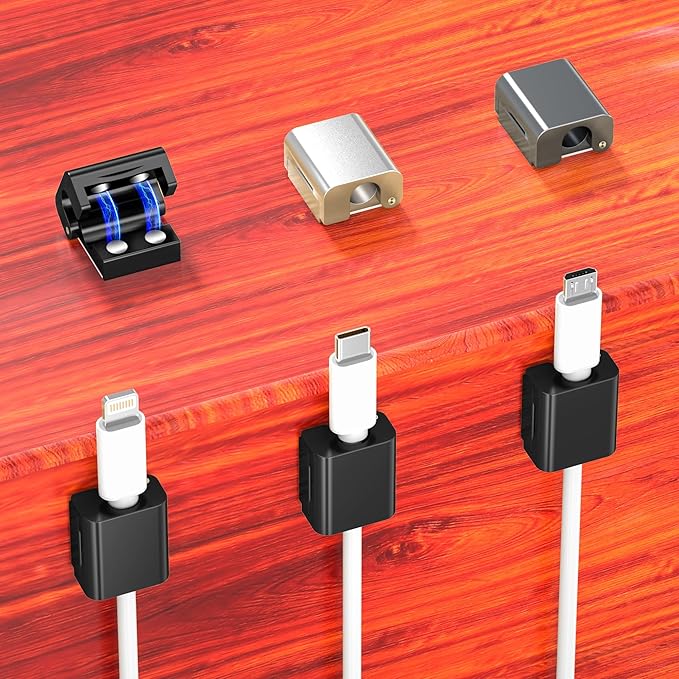 AGVEE 6 Pack Magnetic Cord Organizer Clips, 10mm Ultra-Thin Aluminum Cable Management Holder, 2 Pairs of Strong Magnets Keeper for Home Desk Office Gadgets Accessories, Residue-Free Tape, Black