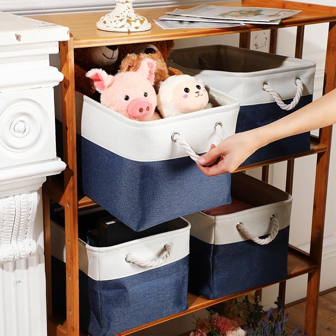 meekoo 8 Pack Collapsible Storage Bins Fabric Storage Bins Polyester Fabric Baskets with Handles Linen Closet Organizer for Shelf Home Closet Towels Toys(15 x 11 x 9.5 in,Blue White)