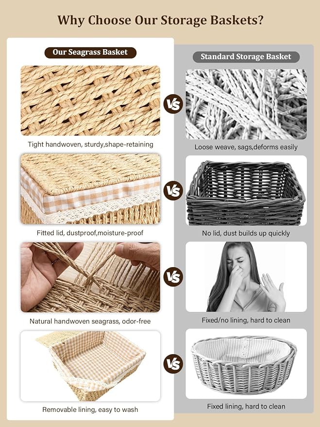 Set of 3 Wicker Storage Baskets with Lid and Liner Woven Storage Bins | Rectangular Woven Storage Bins for Shelves, Multipurpose Container Organizing Boxes for Home Wardrobe Bathroom Bedroom Decor
