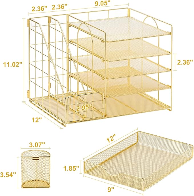 Marbrasse Desk Organizer with File Holder, 5-Tier Paper Letter Tray Organizer with Drawer and 2 Pen Holder, Mesh Desktop Organizer and Storage with Magazine Holder for Office Supplies (Gold 2p)