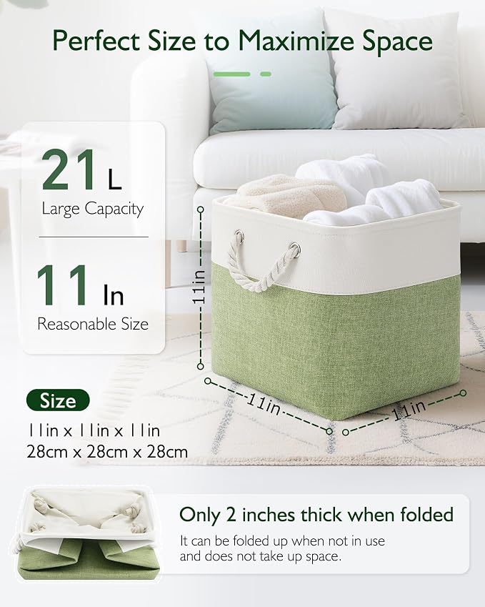 Patvingot 11 Inch Cube Storage Bins, 4 Pack Fabric Storage Cubes with Rope Handles, Organizer Baskets for Closet Shelves, Clothes and Home Organization(White/Green)