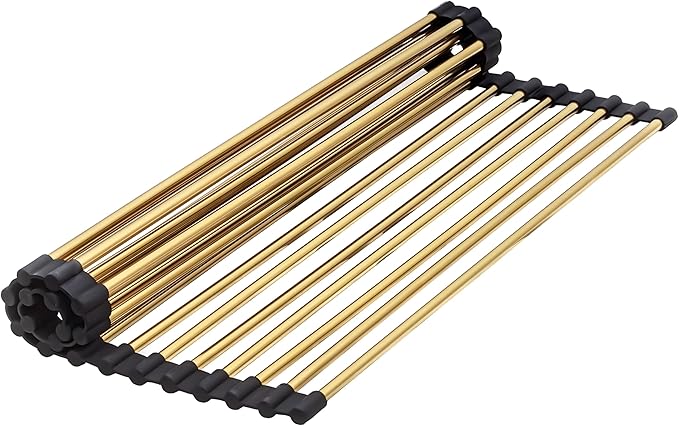 Gold Over Sink Dish Drying Rack - 17.7” x 13.4“Roll Up Dish Drying Rack, Silicone Wrapped Kitchen Rolling Dish Drainer, Anti-Slip Foldable Sink Rack Mat, Multipurpose Dish Racks For Kitchen Counter
