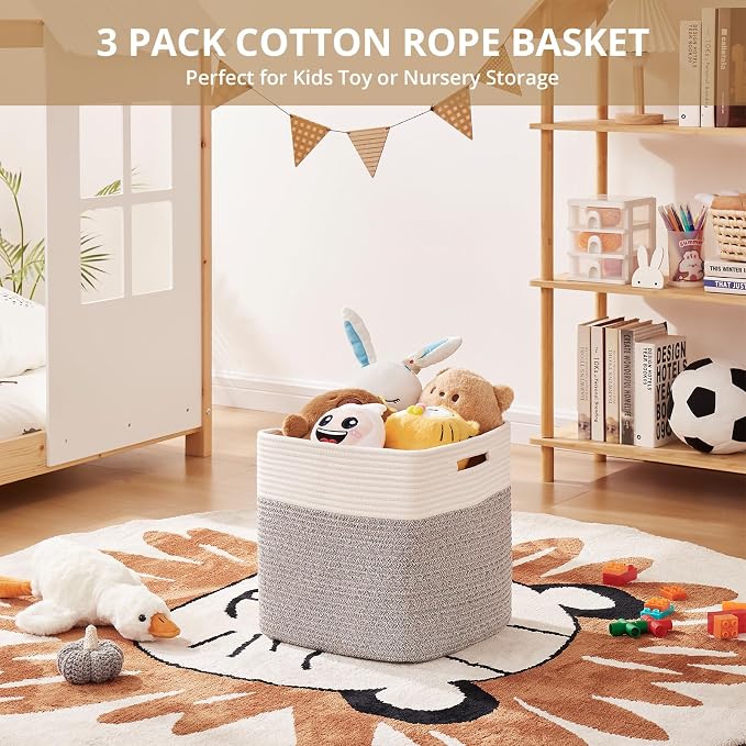 OIAHOMY 13 Inch Cube Storage Bins, 3-Pack Cotton Rope Woven Baskets for Organizing, Insert Storage Baskets for Shelves, Baby Nursery, Closet Organizer, 13 * 13 * 12.6IN, Grey & White