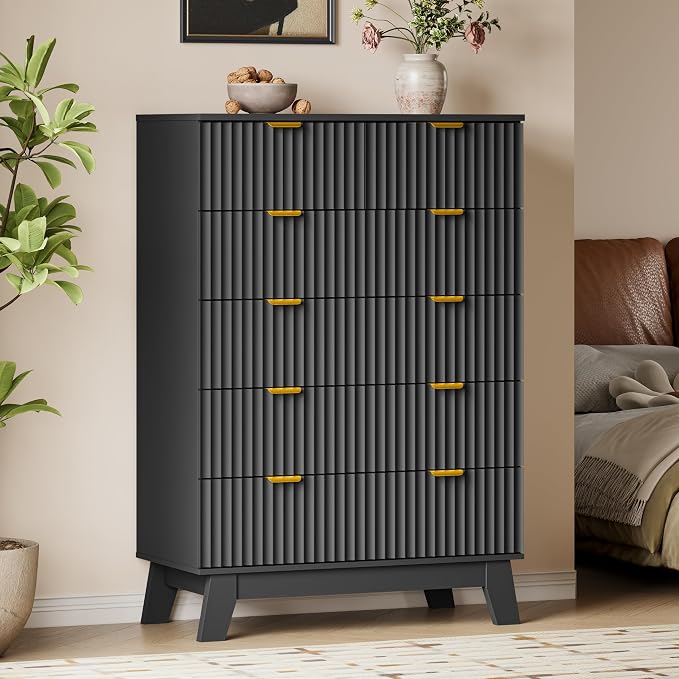 BORNOON 46" Tall Dresser for Bedroom, 6-Drawer Fluted Chest of Drawers, Modern Wood Highboy with Deep Storage, Metal Slides and Handles, Anti-Tip Kit, Vertical Clothes Organizer for Apartment, Nursery
