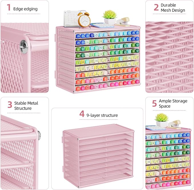 Marbrasse Mesh Marker Organizer, 9-Tier Rack Holds 126 Markers, Pink | Marker Holder, Space-saving Vertical Design, Desktop Storage for Office Classroom & Home Art Supplies