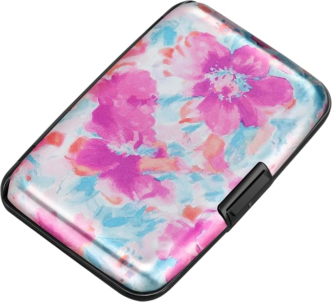 ELFISH Mini RFID Aluminum Wallet Credit Cards Holder Business Card Case Metal ID Case for Men Women(Watercolor Sakura)