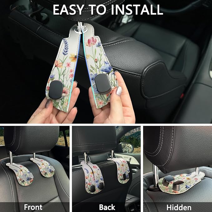 Blusabaca 2PCS Car Seat Headrest Hooks, Purses Bags Holder, Vibrant Floral | PU Leather, Double Metal Back Storage Hangers for Grocery Bags Handbags Bottles Coats Phones, Car Accessories Organization