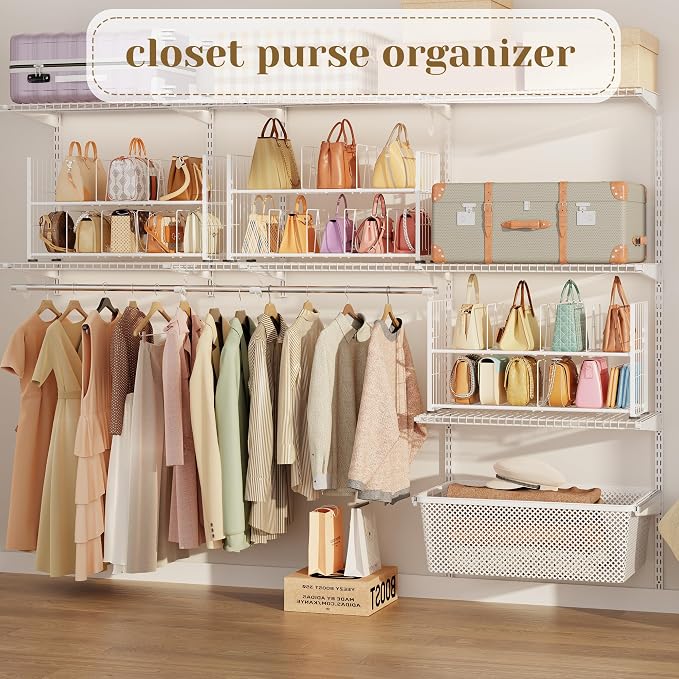 koozuuyk Purse Organizer for Closet-2 Tier Handbag Wire Organizer Rack with 6 Adjustable Shelf Dividers,Handbag Storage Holder for Purses,Totes,Clutches&Chain Bags