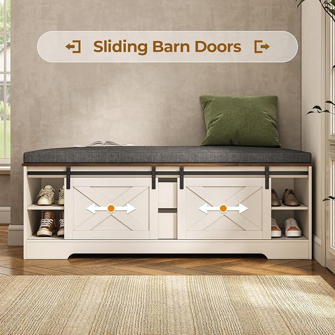 UPOSOJA 60“ Farmhouse Storage Bench with Cushion, Shoe Rack with Slide Barn Doors, Adjustable Shelf and 2 Drawer for Entry, Bedroom, Closet, Living Room, Hallway (White Brown, 60 in)
