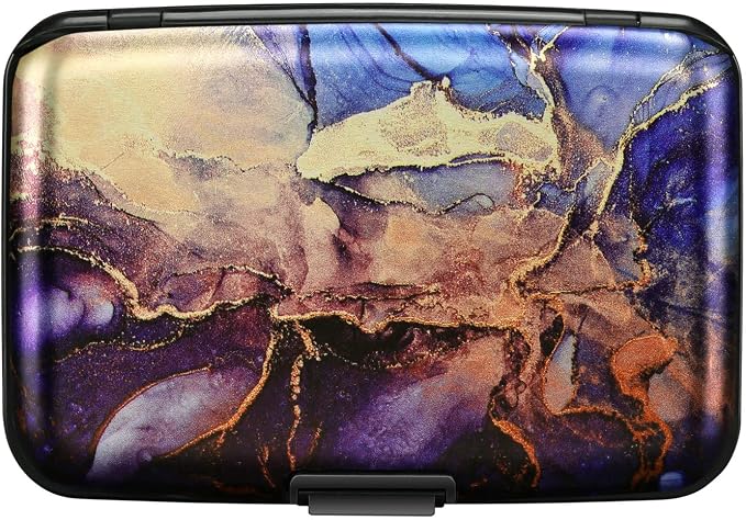 ELFISH Mini RFID Aluminum Wallet Credit Cards Holder Business Card Case Metal ID Case for Men Women（Gold Purple Marble