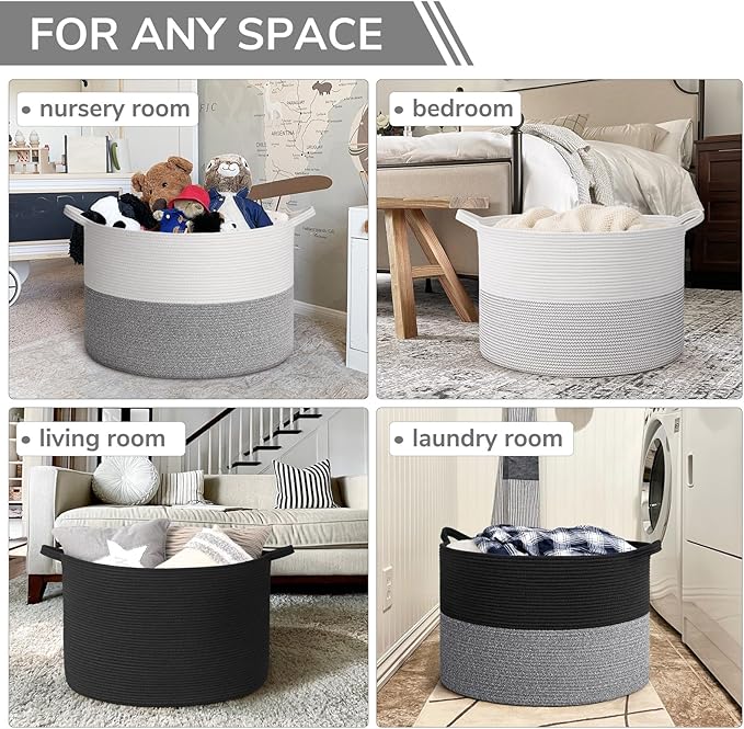 INDRESSME 115L Extra Large Cotton Rope Blanket Basket, Woven Basket for Toy Storage Organizer & Laundry Toy Box for Living Room Area & Nursery Room, Black & Grey