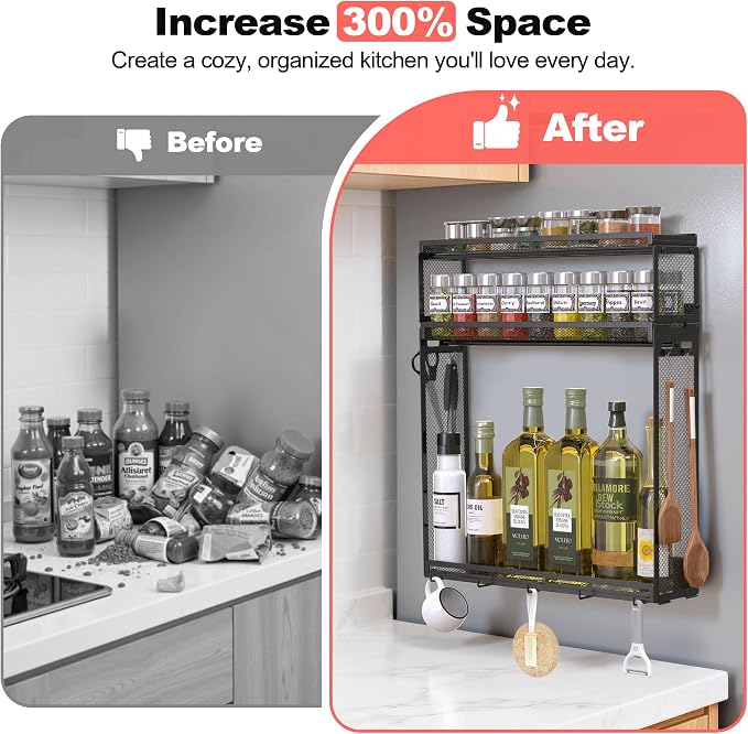 Docnest 3 Tier Refrigerator Magnetic Spice Organizer Shelf with Hooks, Black