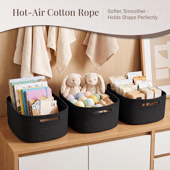 5-Pack Large Woven Rope Storage Baskets, 2 Sizes Organizer Bins | Fabric Cube Boxes and Rectangular Shallow Bins for Closet, Shelf, Bookshelf, Nursery, Changing Table, Bathroom, Toys & Home