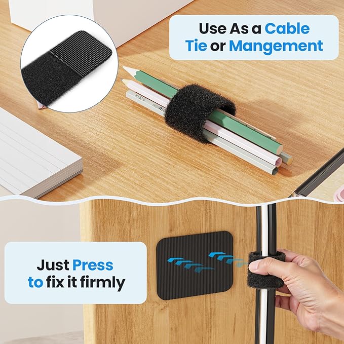 Cable Management Under Desk, 【Up to 15 Cord】【Enhanced Wire Holder】 Cord Organizer Holder, Adjustable Hook and Loop Cable Ties, Wire Clips Under Table Hider, 30 Pair(Black)