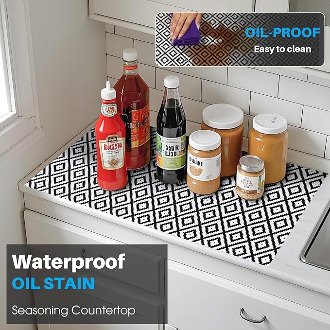 Coavas Shelf and Drawer Liner, Non Slip Extra Grip Non Adhesive Waterproof Thickened Cabinet Mat, Easy Cut for Kitchen Pantry Bathroom Dresser Cupboard (Black Rhombic, 12IN x 30FT)