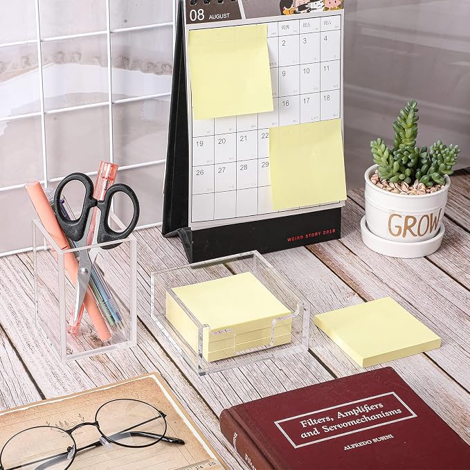 Acrylic Sticky Note Holder 3.94 x 3.94 Clear Acrylic Notepad Holder Sticky Note Dispenser for Desk Organizer Office Home(1 Pack)