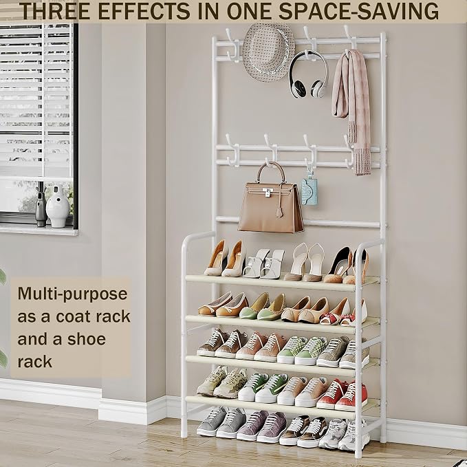 Coat Rack Shoe Rack With Storage Shelf Freestanding with 8 Hooks for Entryway Bedroom Closet (White, 4Tiers)
