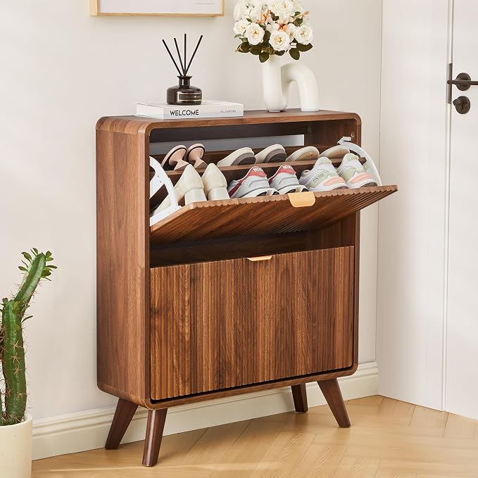 RARZOE Fluted Shoe Cabinet for Entryway, 27.5''Walnut | Narrow Curved Shoe Storage Cabinet with 2 Flip Drawers, Slim Shoe Rack Organizer for Foyer, Hallway, Fits Size 11 Shoes
