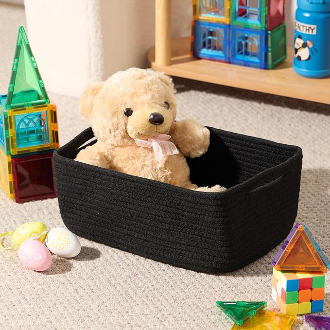 MiniArk Small Storage Baskets for Organizing | Closet Organizer Bins | Shelf Toy Basket | Woven Rope Baskets | Cube Decorative Box | Shallow Basket | 13x8.5x5.1” | 3 Packs Black