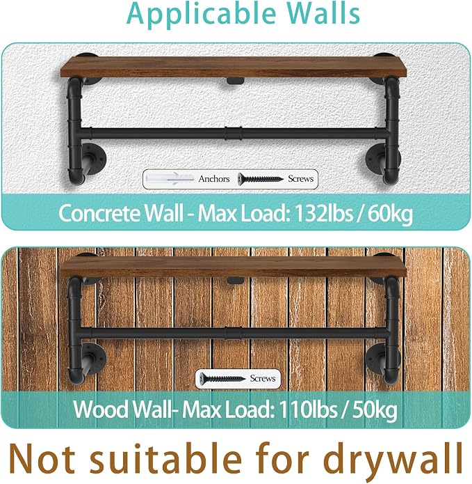 Yawinhe Industrial Pipe Clothes Rack with Top Shelf, Wall Mounted Garment Rack, Space Saving Hanger with 4 Bases, for Shops, Homes (28x10.23x10.23in) | Wall Mounted Clothes Rail;Wardrobe Hanging Rail Bar Rack for Laundry and Closet;Heavy Duty Retro Wal...