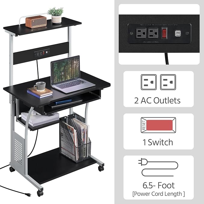 Topeakmart Rolling Computer Desk with Charging Station and 2 USB Ports for Small Space, Study Writing Desk with Keyboard Tray and Printer Shelf for Home Office, Compact Study Table with Wheels, Black