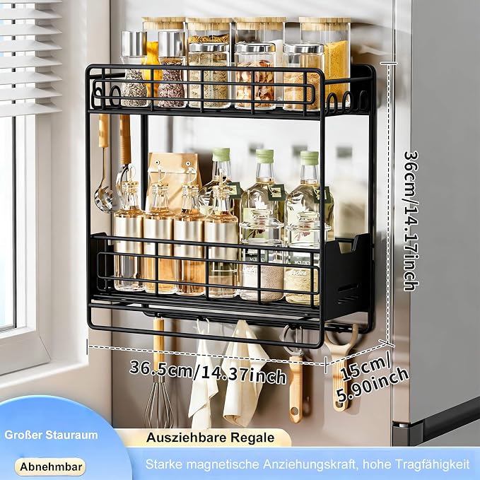 Magnetic Shelves for Washing Machine with Pull Out Shelf, Black Magnetic Sliding Racks for Side of Fridge, Magnetic Laundry Shelf with 5 Hooks, Magnet Laundry Room Organizer