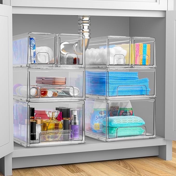 Sorbus Small Wide Clear Stackable Storage Drawers – 6-Pack Plastic Organizer Bins with Handles – Stackable Pull-Out Storage Drawers for Closet, Pantry, Office, Bathroom, Craft, and Toy Organization