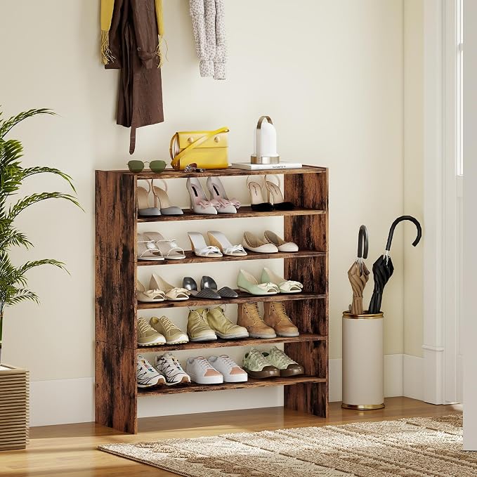 COSTWAY 6-Tier Shoe Rack, Extra Wide Shoe Shelf Organizer with Stackable Design, 31" Freestanding Adjustable Storage Shoe Stand for Small Space Entryway Hallway Closet (2,Rustic Brown)