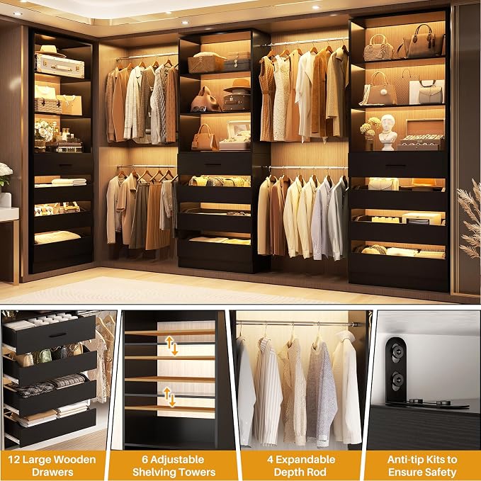 Aheaplus Closet System with 12 Drawers, 8.5-11.5Ft Wood Closet Organizer System with 4 Hanging Rods & 3 Towers, 4Ft & 6Ft L-Shaped Walk-in Closets Wardrobe Organizer Clothes Rack, Set of 3, Black