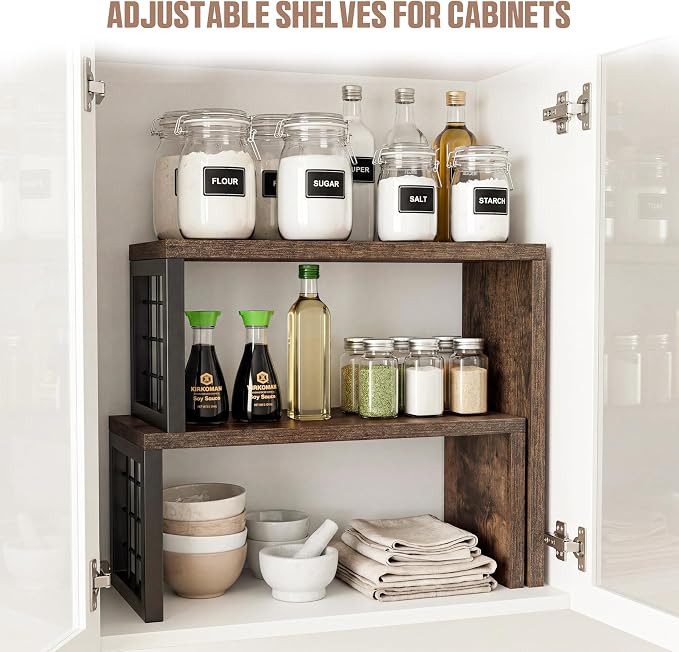 Kitchen Countertop Organizer, 2 Tier Corner Counter Shelf, Rustic Brown | Stackable, Expandable, Adjustable Cabinet Organizer Shelf, Spice Rack, for Kitchen, Coffee Station, Rustic Wood Grain