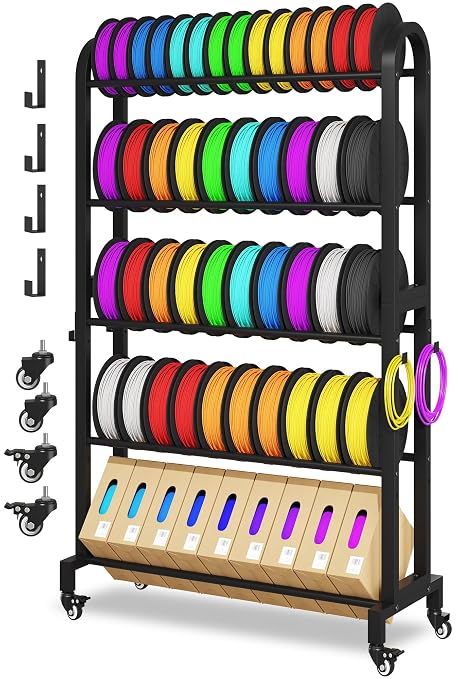 3D Printer Filament Storage Rack with Wheels, 5-Tier Adjustable Metal Shelf Holds 40 Spools, Mobile Filament Organizer with Hooks for PLA ABS TPU, 3D Printing Workspace & Studio