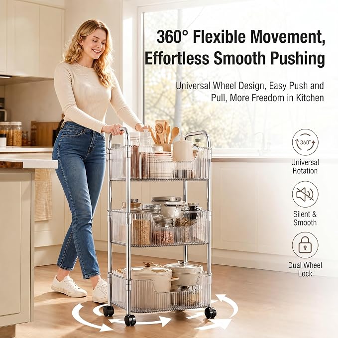3 Tier Rolling Cart with Wheels, Clear Plastic Storage Cart with Stainless Steel Frame, Slim Narrow Organizer for Bathroom, Kitchen, Laundry Room, Vanity, Dorm, Easy Assembly