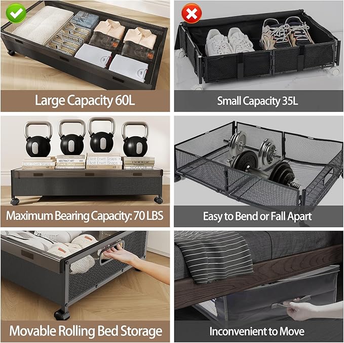 KITHELP Under Bed Storage with Wheels,2 Pack Under Bed Shoe Storage, Under the Bed Storage Drawers with Remove Window, Extra Large Rolling Under Bed Storage Metal Drawer for Clothes (Black-2 pack)