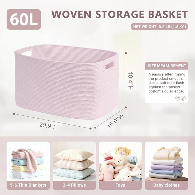 60L Woven Laundry Basket Hamper with Handles, Pink | 21"x15"x11", collapsible wicker hamper, storage for dirty clothes, toys, blankets, gifts, living room, bedroom, bathroom